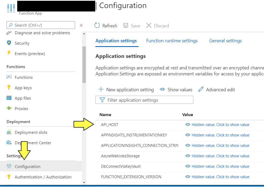 Screen Shot of Azure Portal indicating where the Function Application Configuration settings are