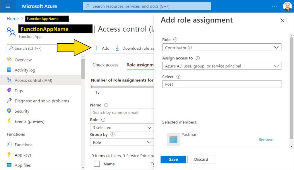 Add role assignment in Function App for Postman AD app