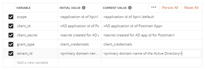 Environment Variables needed for the authenticated Azure Function AP