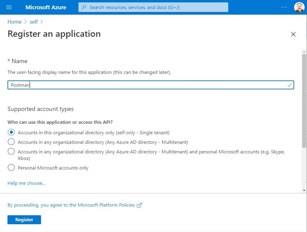 App registration form for Postman App in Azure Active Directory