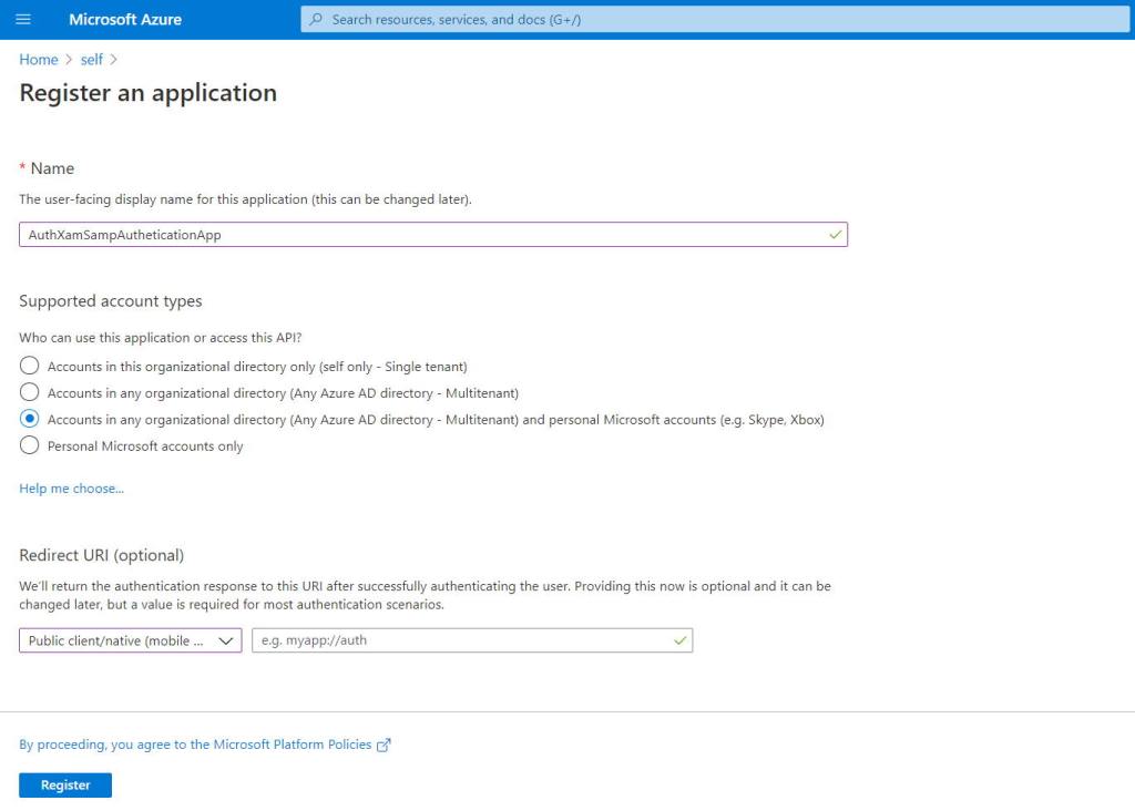 Azure Active Directory App Registration Form. App Name is AutXamSappAutheticationAp, Supported account types are Accounts in any organizational directory.