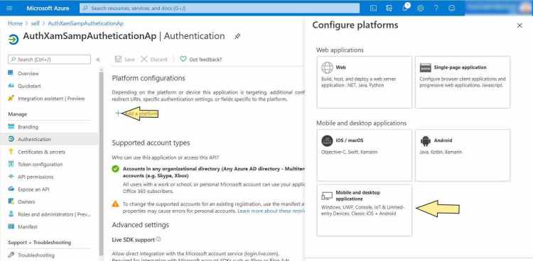 Add a platform screen for the Azure AD Application.